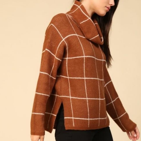 Rust Windowpane Loose Turtleneck Sweaters - Picture 3 of 3